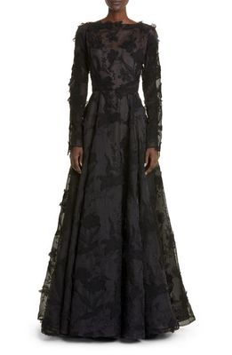 Jason Wu Collection Floral Embroidery Long Sleeve Silk Organza A-Line Gown in Black
