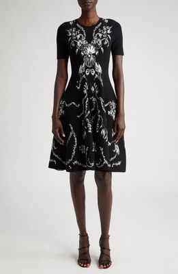 Jason Wu Collection Floral Jacquard Fit & Flare Knit Dress in Black/Chalk