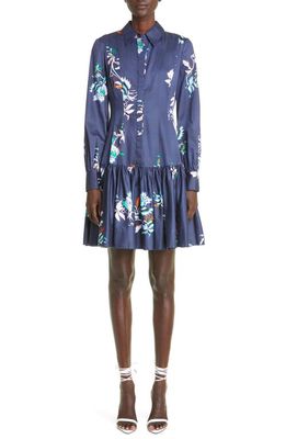 Jason Wu Collection Floral Long Sleeve Polished Cotton Shirtdress in Navy Lilac Multi