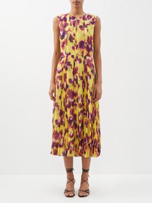 Jason Wu Collection - Floral-print Pleated-chiffon Midi Dress - Womens - Yellow Pink