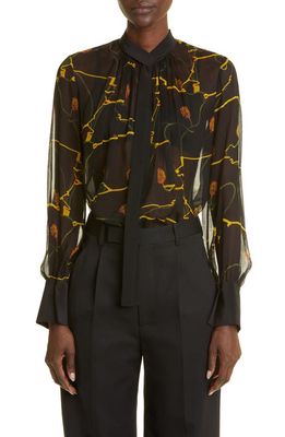 Jason Wu Collection Floral Tie Neck Silk Blouse in Black Multi