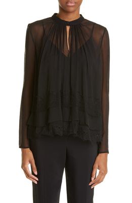 Jason Wu Collection Lace Trim Tiered Silk Chiffon Blouse in Black