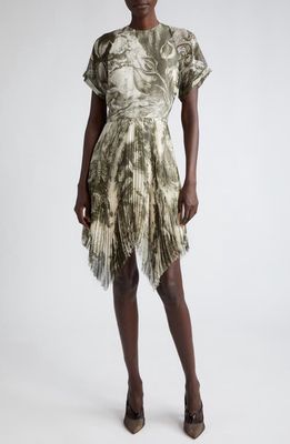 Jason Wu Collection Oceanscape Print Asymmetric Chiffon Dress in Cream/Deep Olive