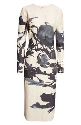 Jason Wu Collection Placed Print Long Sleeve Pleated Midi Dress in Flax Black