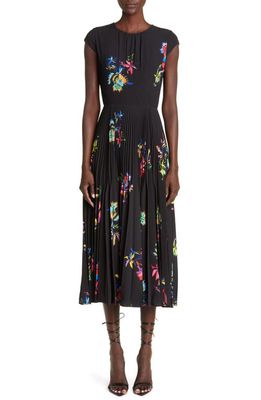 Jason Wu Collection Pleated Floral Print Cap Sleeve Midi Dress in Black Multi