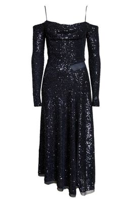 Jason Wu Collection Sequin Cold Shoulder Long Sleeve Chiffon Cocktail Dress in Bright Navy