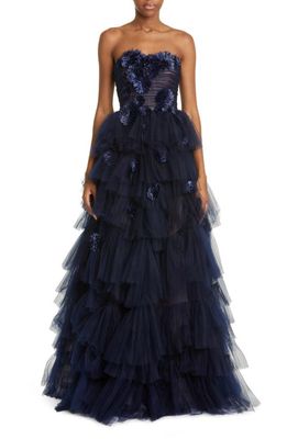 Jason Wu Collection Strapless Floral Appliqué Tiered Tulle Dress in Navy