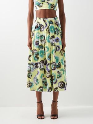 Jason Wu Collection - Tie-dye Pleated Cotton Midi Skirt - Womens - Yellow Multi