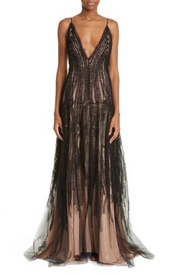 JASON WU Embroidered Ruffle Plunge Neck Gown in Black
