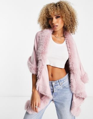 Jayley double layer faux fur trim cape in pink