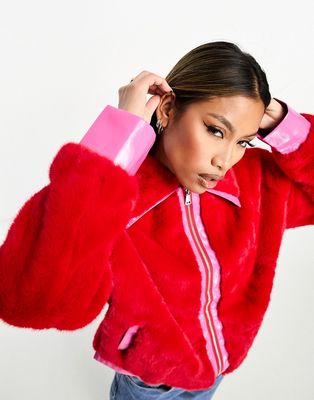 Jayley faux fur bomber with faux leather trims in red and pink
