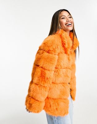 Jayley faux fur ribbed short jacket in orange