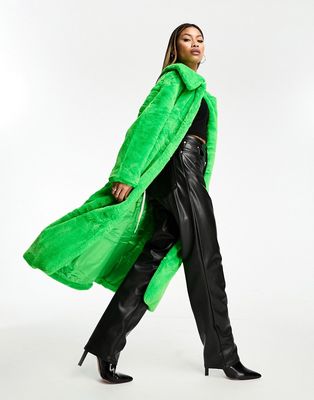 Jayley faux fur wrap midi coat in bright green