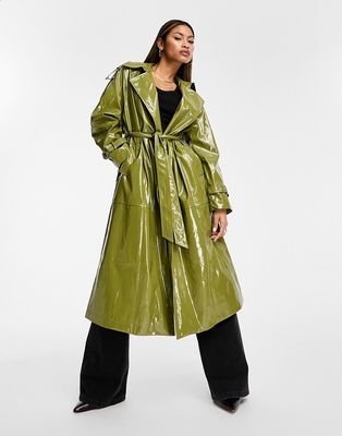 Jayley faux leather oversized trenchcoat in green patent