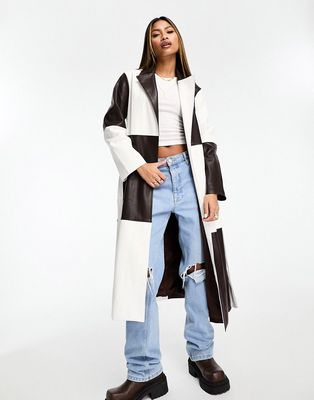 Jayley faux leather patchwork trenchcoat in brown and white-Multi