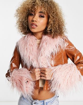 Jayley short vinyl look faux fur trim jacket in tan-Brown