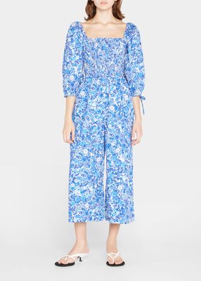 Jazzy Square-Neck Smocked Floral Jumpsuit
