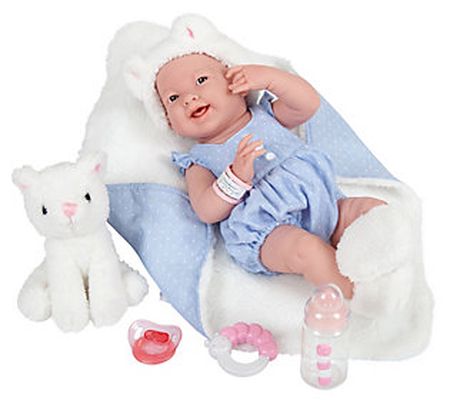 JC Toys La Newborn 15" Real Girl Baby Doll Blue Outfit and Cat