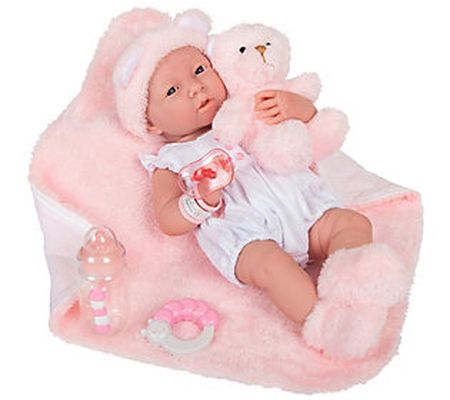 JC Toys La Newborn 15" Real Girl Baby Doll Whit e Outfit & Bear