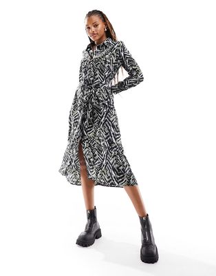 JDY belted midi shirt dress in abstract animal print-Multi