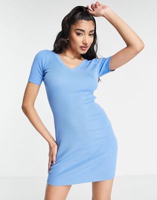 JDY body-conscious knit v neck mini dress in blue