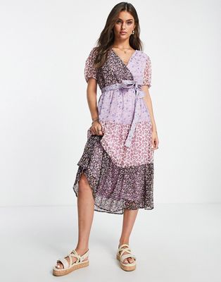 JDY chiffon wrap tiered midi dress in mixed floral-Multi