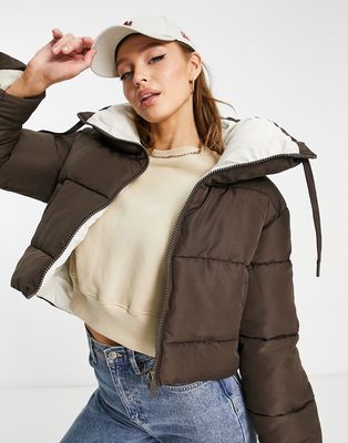 JDY cropped contrast padded jacket in chocolate-Black