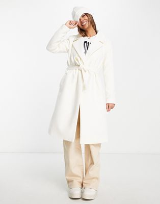 JDY exclusive longline tailored belted coat in cream-White