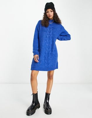 JDY high neck cable knit sweater dress in bright blue