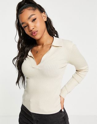 JDY knit polo top in stone-Neutral