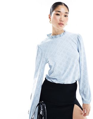 JDY long sleeve frill top in pale blue