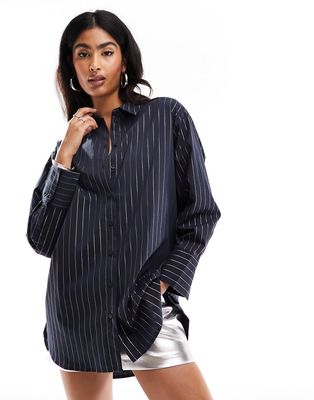 JDY longline oversized shirt in navy with silver stripes