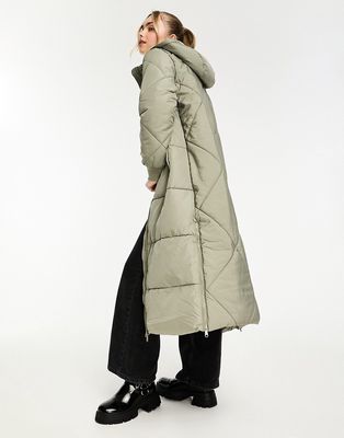 JDY longline padded coat in sage-Gray