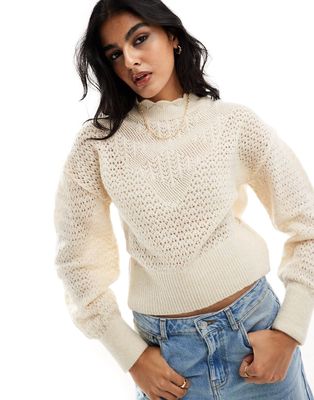 JDY open knit sweater in cream-White