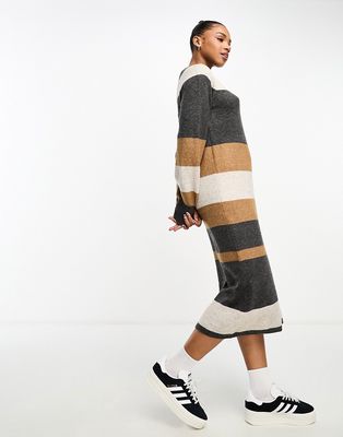 JDY puff sleeve knit maxi sweater dress in charcoal and beige stripe-Multi