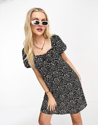 JDY puff sleeve smock mini dress in black and white spot