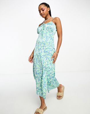 JDY ruched detail midi dress in green abstract leo print