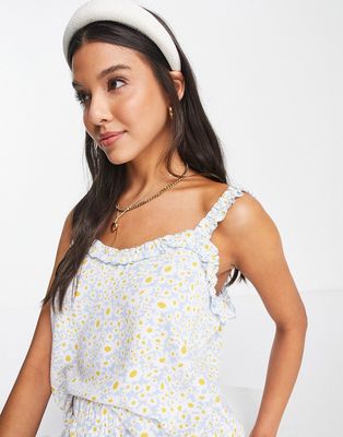 JDY ruffle trim cami top in blue daisy floral - part of a set