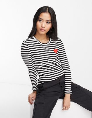 JDY striped top with heart motif in black and white-Multi