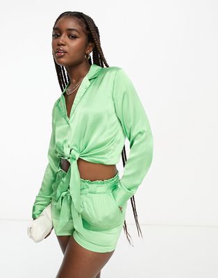 JDY tie front cropped satin shirt in green - part of a set