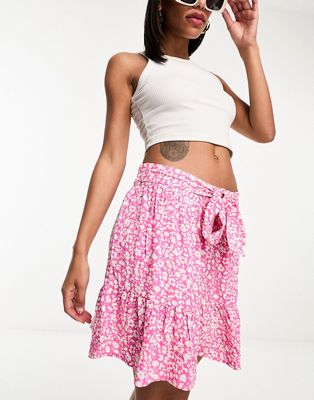 JDY tie waist mini skirt in pink & cream ditsy floral