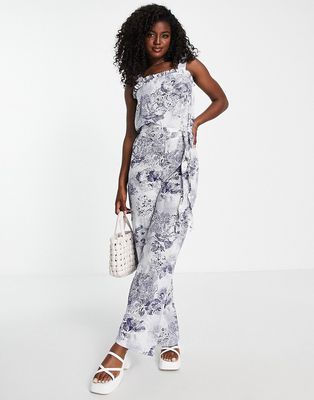 JDY wide leg jumpsuit in blue abstract floral-White