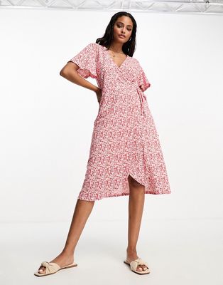 JDY wrap midi dress in red floral