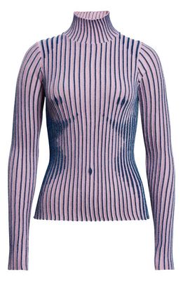 Jean Paul Gaultier Body Morph Metallic Trompe l'Oeil Merino Wool Blend Rib Turtleneck Sweater in Pink/Blue