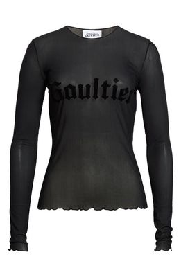 Jean Paul Gaultier Flocked Logo Lettuce Edge Sheer Tulle Top in Black