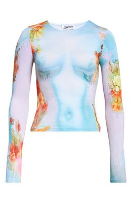 Jean Paul Gaultier Floral Body Print Crop Long Sleeve Top in Blue/Yellow