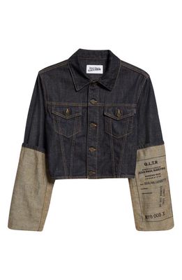 Jean Paul Gaultier Label Graphic Crop Denim Jacket in Indigo