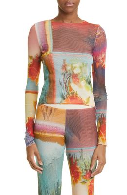 Jean Paul Gaultier Scarf Print Long Sleeve Tulle Top in Beige Multicolor