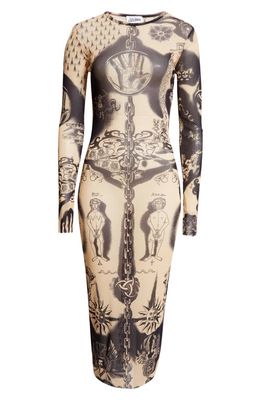 Jean Paul Gaultier Tattoo Print Long Sleeve Midi Dress in Nude/Navy