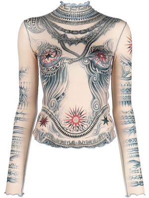 Jean Paul Gaultier tattoo-print mesh top - Brown